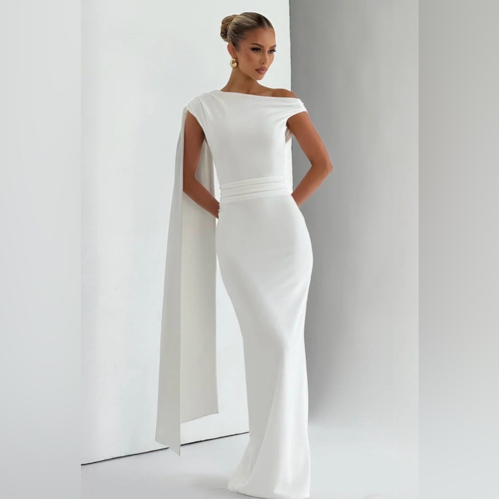 Babyboo Kylie Dress - floor length fitted white dress with one shoulder cape